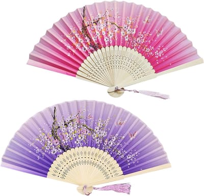 KZQ Set Van 2 Opvouwbare Stoffen Handwaaiers Met Baleinen Voor Feestjes Dans Ceremonies Cosplay En Decoratie Roze En Paars