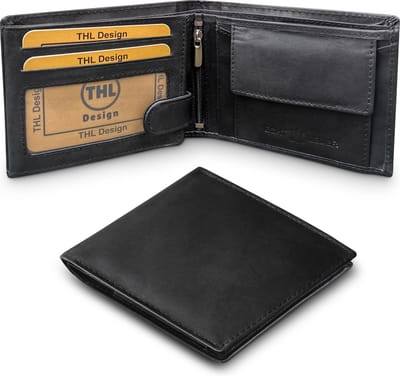 THL Design - Portemonnee Heren – Portefeuille Heren - Billfold laag – Compact formaat - Echt Leer Zwart