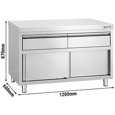 GGM Gastro Edelstahl Arbeitsschrank PREMIUM - 1200x600mm - mit 2 Schubladen & Schiebetür