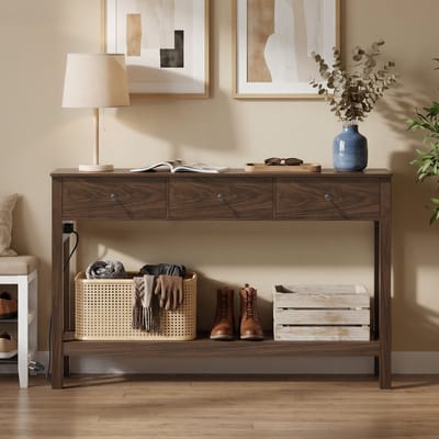 Bealife FS33 Console tafel – Met 3 laden, 2 stopcontacten, USB & Type-C – Waterbestendig – 130×30×80 cm – Bruin houtnerf