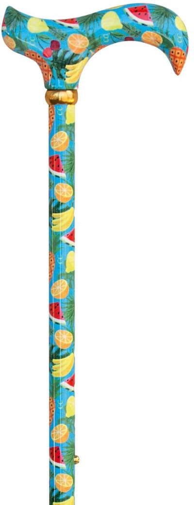 Classic Canes Wandelstok verstelbaar - Tropisch fruit - Azuurblauw - Lengte 73 tot 95 cm - Aluminium - Houten derby handvat - Gewicht 265 gram - Diameter wandelstok 16 mm - Voor heren en dames - Wandelstok verstelbaar