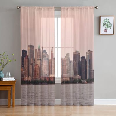 New York City Manhattan Downtown Skyline Bij Zonsondergang Over Hudson River Transparante Gordijnen voor Slaapkamerraam Voiles Tule Gordijn 135W x 114H(cm)