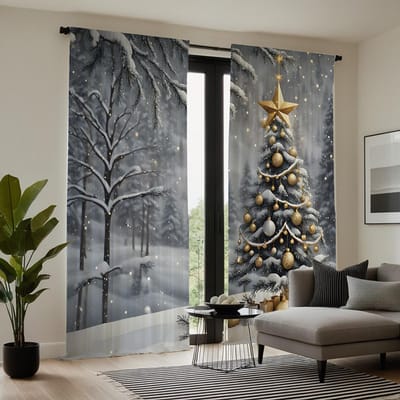 2 pièces de rideau décoratif de paysage de montagne de neige d'arbre de Noël HD rideau imprimé numérique de cravate blanche style de décoration de maison d W52H63inchW132H160cm gray