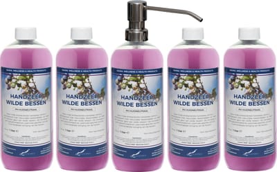 Handzeep Wilde Bessen 1 liter - set van 5 stuks - met gratis RVS zilverkleurige pomp - Voordeelverpakking