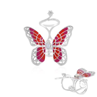Cavill - Zilveren ring 925 Sterling Zilver - 0,27 ct Welo Opaal & 1,22 ct Cambodjaanse zirkonen - Ovaal vlinderthema met filigraan