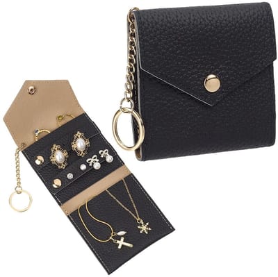Dailygoods - Sieradenetui van echt leer voor dames, kleine reistas met ringhouder en sleutelhanger, sieradenroller met ring van legering, mini-opvouwbaar zakje voor het bewaren van gespen