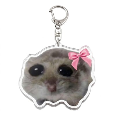 Grijze transparante hamster sleutelhanger acryl sleutelhanger dames en heren met hamster gezicht illustratie, roze strik detail en metalen karabijnhaak, decoratieve keychain voor sleutels en tas