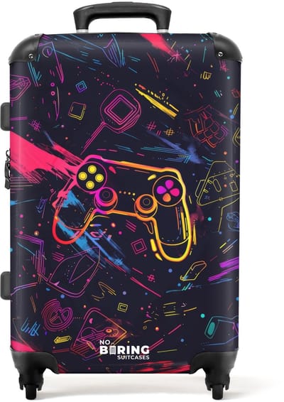 NoBoringSuitcases.com® - Kinderkoffer jongen - Kindertrolley jongens - Gamerwereld in neonstijl - Koffer kind groot - Rolkoffer lichtgewicht - Reiskoffer met 4 wielen - Grote trolley XL - 20 kg bagage