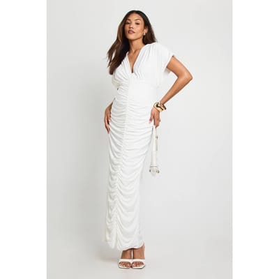 boohoo Dames Zwangerschapsjurk met dubbele laag, geraffeld, diepe V-hals en batwing-stijl maxi-jurk | Cream | Maat: 8