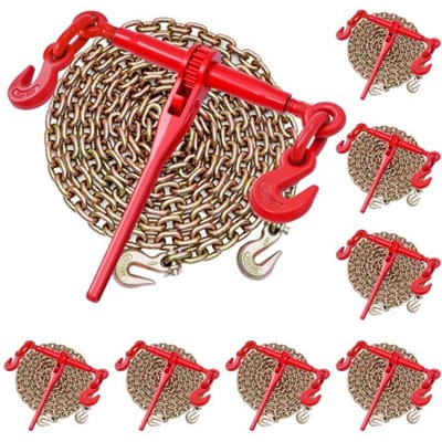 VEVOR Ratelspanner met sjorkettingen G80 10 mm x 3 m, set van 8, spankracht 4173 kg, kettingbinders met 2 haken, transportkettingbevestigingen, voor ladingzekering, transport, platte opleggers