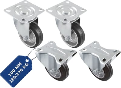 AMIG Meubelwielen 100mm Set van 4 Zwenk+Bok - 270kg Rubber Rollager Zwart