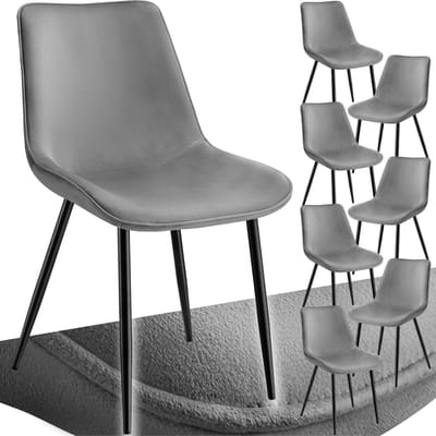 tectake® Eetkamerstoel - Gevoerde fluwelen zitting - Zwart metalen poten - Woonkamer, eetkamer, slaapkamer en kantoor - Draagkracht 120 kg - Set van 8 - Grijs/zwart