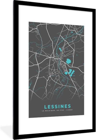 Fotolijst incl. Poster - België – Lessines – Stadskaart – Kaart – Blauw – Plattegrond - 80x120 cm - Posterlijst