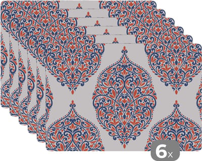 Placemat - Placemats kunststof - Patronen - Blauw - Oranje - 45x30 cm - 6 stuks - Hittebestendig - Anti-Slip - Onderlegger - Afneembaar