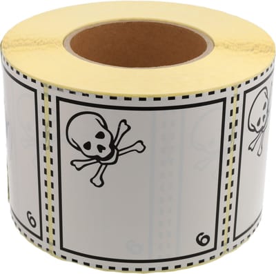 DULA Waarschuwingsetiket ADR Klasse 6 Giftige stoffen 100x100 mm - Kern 76mm - 1000 per rol