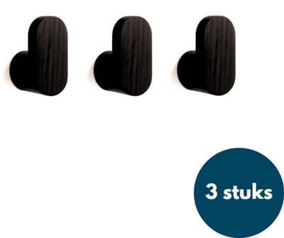 Houten Kapstokhaken - Kledinghaken - Ophanghaken - Handdoekhaken - Jashaken - 3 Stuks - Zwart