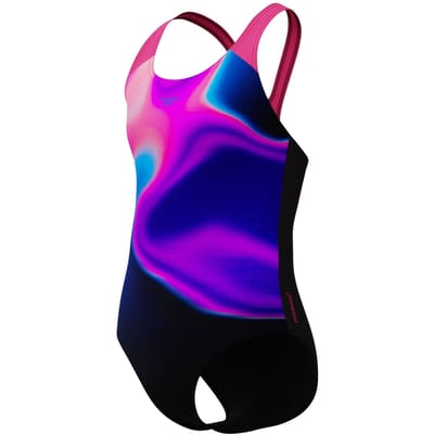 Speedo Print Splashback Meisjes Sportbadpak - Kleurvast Badpak Meisjes - Chloorbestendig Zwempak Meisjes - Sportbadpak Meisjes met Splashback-rug - Zwart/Paars - 152