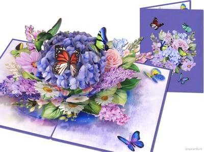 Popcards.nl pop-up kaart - Blauw Paarse Hortensia met Kleurrijke Vlinders Bloemen Wenskaart 3D kaart