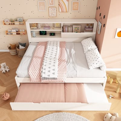 DESMIU Woonbed 140x190cm – Slaapbank Met Uittrekbed En Opbergruimte – Met Laadstation – Voor Logeerkamer En Woonkamer – Hout – Wit Zonder Matras