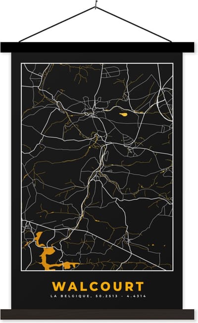 Posterhanger incl. Poster 40x60 cm - Schoolplaat - Walcourt - Plattegrond - Goud - Stadskaart - Kaart - Textielposter - Zwarte latten - Stadskaart