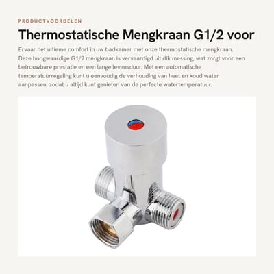 Dailygoods- Thermostatische Mengkraan - G1/2 Aansluiting - Warm/koud Water Mengventiel - Temperatuurregeling - Messing Materiaal - Eenvoudige Installatie