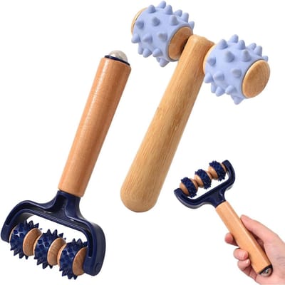 GELLDG 2 Stuks Massageballen - Houten Massageroller met Griff - Verlicht Spierpijn en Spanning - Geschikt voor Rug Benen Armen en Schouders - Duurzaam Hout Bamboe en TPR Materiaal - 18,5x9,5 cm en 14x11x4,5 cm