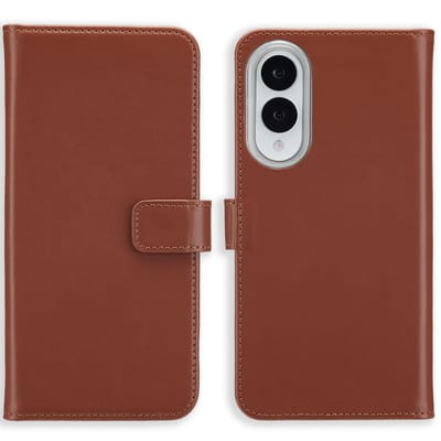 Selencia Hoesje - Geschikt voor Samsung Galaxy S25 Edge - Echt Lederen Bookcase - Lichtbruin
