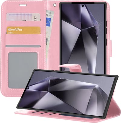 Hoesje - Geschikt voor Samsung Galaxy S24 Ultra - Luxe Bookcase - Walletcase Hoes - Portemonnee - Cover - Telefoonhoes - Lichtroze