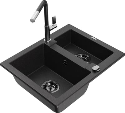 Mexen Carlos granieten gootsteen 1,5-kompartment met keukenkraan Flora, zwart/zilver metallic - 6518-73-670401-07-B