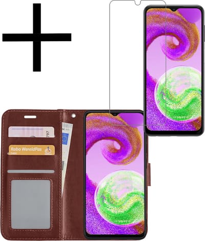 Hoesje - Met Screenprotector - Geschikt voor Samsung Galaxy A04s - Luxe Pasjeshouder - Bookcase Portemonee - Flip Case - Kunstleer Book Case - Flipcase - Book Cover - Walletcase - Portemonneehoes - Bruin