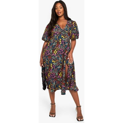 boohoo Dames Plus Floral Print Midi Smock Jurk | Zwart | Maat: 44