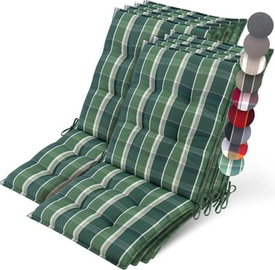 Beautissu Sun-NL – Set van 8 Premium Lage Rugleuning Kussen 100x50 cm - UV-bestendig & 8cm Dik Kussen Tuinstoelkussen Antislip Bevestigingsbanden – Stevige Stof Groen Ruit Gestreept