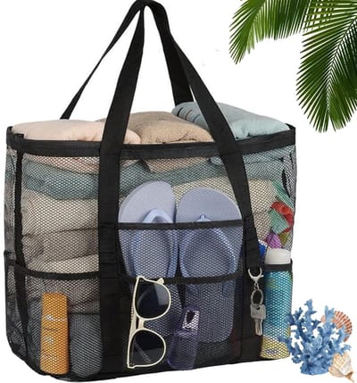 Dailygoods- Strandtas met ritssluiting XXL - Waterdichte strandtas - Rieten strandtas - Opvouwbare badtas - Grote capaciteit - 8 netvakken en binnenzak