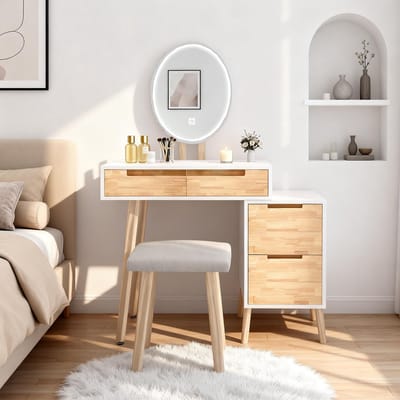 Puluomis - Kaptafel - Spiegel met LED-verlichting - Bijzettafel - Krukje - Hout - 4 lades