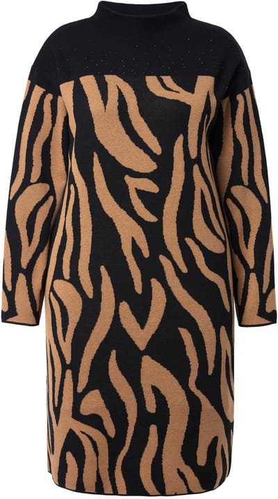Ulla Popken - Dames - Gebreide jurk zebra oversized opstaande kraag lange mouw - Licht nougat - Maat 46+