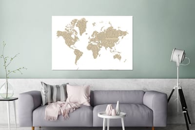 Aluminium schilderij 120x80 cm - Wanddecoratie metaal - Wereldkaart - Wit - Krantenpapier - Metalen muurdecoratie woonkamer - Decoratie industrieel - Foto op dibond - Industriële accessoires slaapkamer