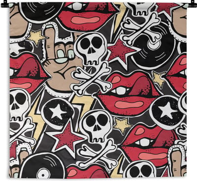 Wandkleed - Wanddoek - Rock - Rock 'n roll - Patroon - Doodshoofd - 90x90 cm - Wandtapijt