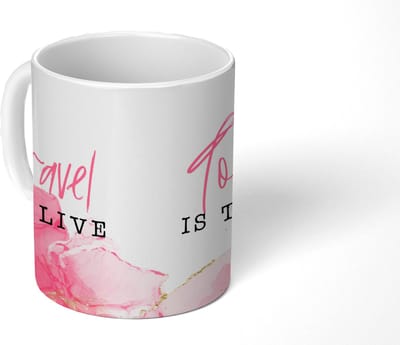 Mok - Koffiemok - Spreuken - Quotes - To travel is to live - Marmer - Mokken - 350 ML - Beker - Koffiemokken - Theemok - Mok met tekst