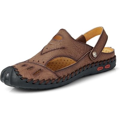 Nieuwe Slippers met Gesloten Teen Heren Leer Zomer Ademend Uitgehold Vrije Tijd Sport Gat Outdoor Strand Sandalen 44 bruin
