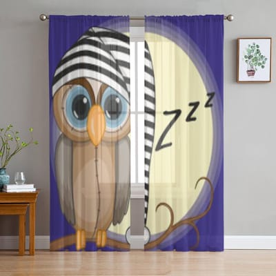Slaperige Uil Met Muts Luxe Chiffon Transparante Gordijnen voor Woonkamer Slaapkamer Decoratie Raam Voiles Tule Gordijn 135W x 114H(cm) blue