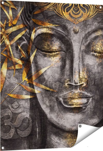 Gards Tuinposter Gouden Boeddha van Aquarel - Abstract - 80x100 cm - Tuindoek - Tuindecoratie - Wanddecoratie buiten - Tuinschilderij