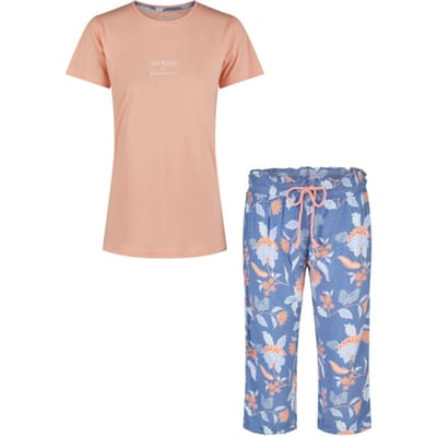 By Louise Dames Capri Pyjama Set Driekwart Oranje/Blauw Gebloemd - Maat S