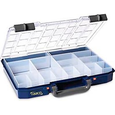 Raaco CarryLite 55 4x8-16 assortimentskoffer, met 16 inzetstukken, B 337 x D 278 x H 57 mm, gemaakt van polycarbonaat/polypropeen, transparant/blauw