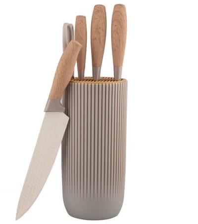 6-Delige Messenset met Houder – Taupe - messenset met blok - RVS Keukenmessen met Houten Handgreep – Japandi- Granton Edge Anti-Kleef Lemmet – Inclusief Multifunctionele Keukenschaar – Kunststof Messenblok Taupe – Vaatwasserbestendig – Zeer Scherp