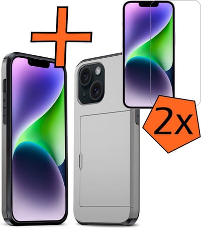 Hoesje Geschikt voor iPhone 14 Hoesje Pasjeshouder Shockproof Hard Case Met 2x Screenprotector - Hoesje Geschikt voor iPhone 14 Hoes Met Kaarthouder - Grijs