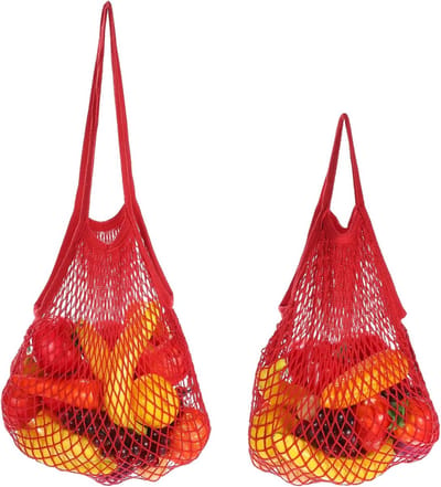 Herbruikbare opbergzakken van netstof voor groenten en fruit, katoenen koord met handvatten voor boodschappen en duurzame opslag - 2 stuks