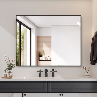 VVBV 70x90 cm Badkamerspiegel met Zwart Aluminium Frame, Kopervrije HD Wandspiegel, Horizontaal & Verticaal Ophangbaar