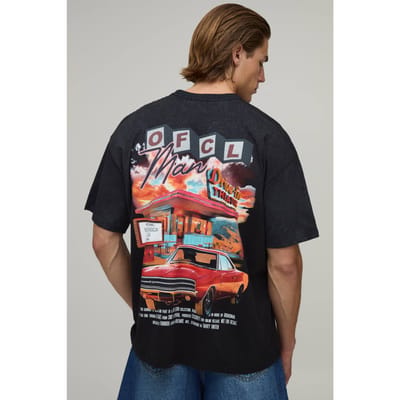 Zwart Oversized T-shirt Met Drive-in Print En Spray Wash | Washed Black | Size XL