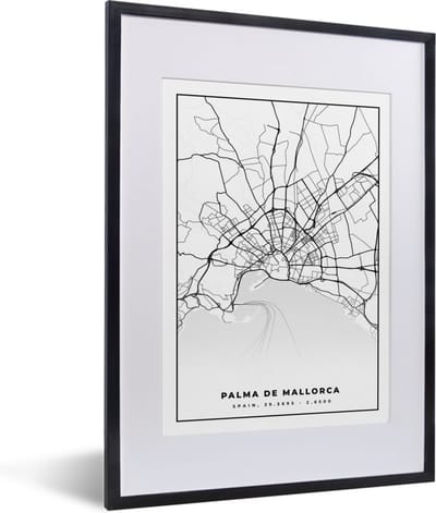 Fotolijst incl. Poster Zwart Wit- Mallorca - Stadskaart - Kaart - Zwart Wit - Plattegrond - 30x40 cm - Posterlijst