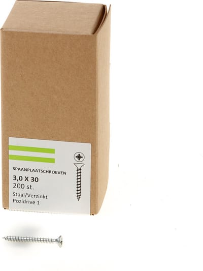 Hoenderdaal Spaanplaatschroef verzinkt platverzonken kop PZ1 voldraad 3.0X30 (per 200 stuks)